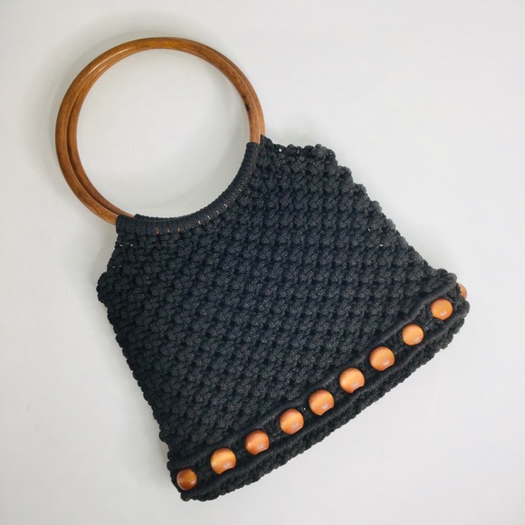 Vintage macrame wood bead small satchel bag - Picture 3 of 8